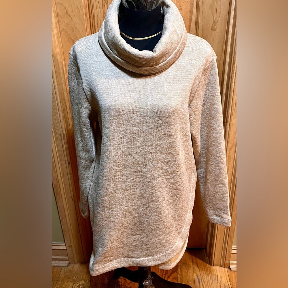 Lands End Tan Cowl Neck Fleece Tunic Sweatshirt Cozy Tulip Hem Top MP